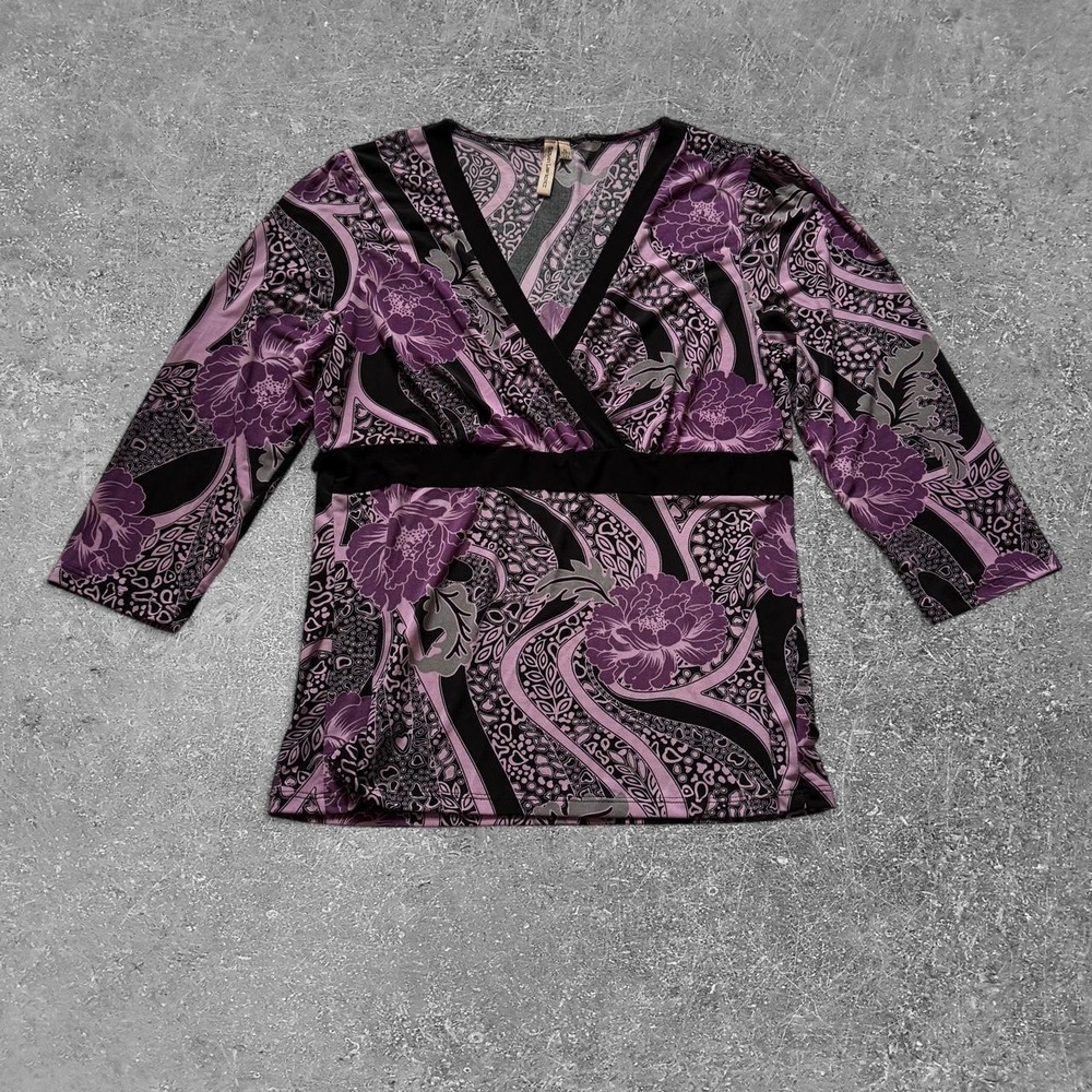 Susan Lawrence Purple Floral Wrap Top V-Neck 3/4 Sleeve XL Black Gray Swirls